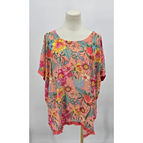 Umgee Plus Size 1XL Floral Frayed Hem Top Pink Multi - Picture 1 of 5